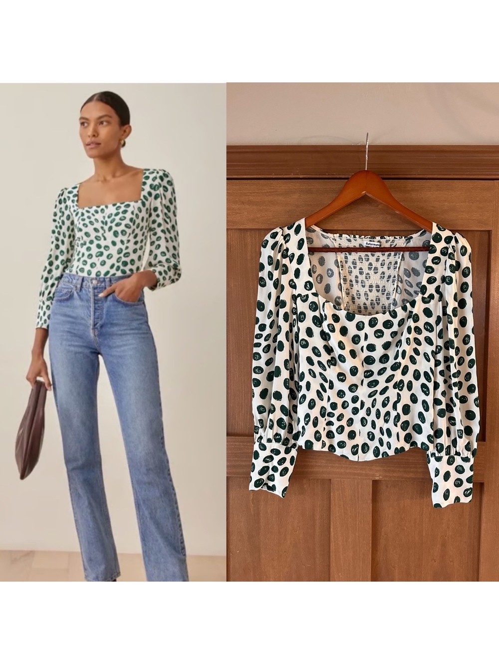 Reformation Calla Print Top Blouse In Tapioca Polka Dot Women’s size 2